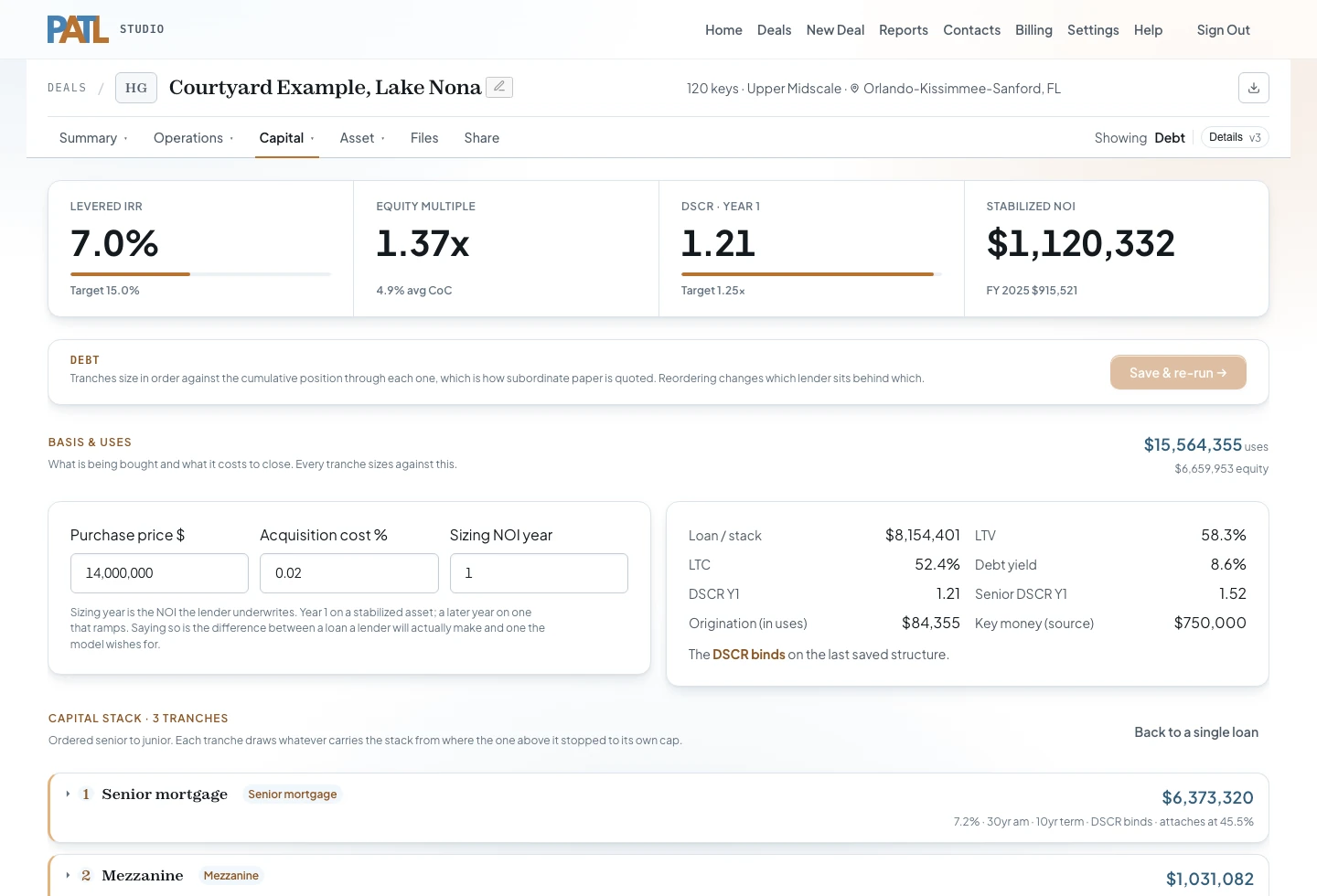 The debt tab: the loan sized against LTV, DSCR and debt-yield tests, with the binding test named.